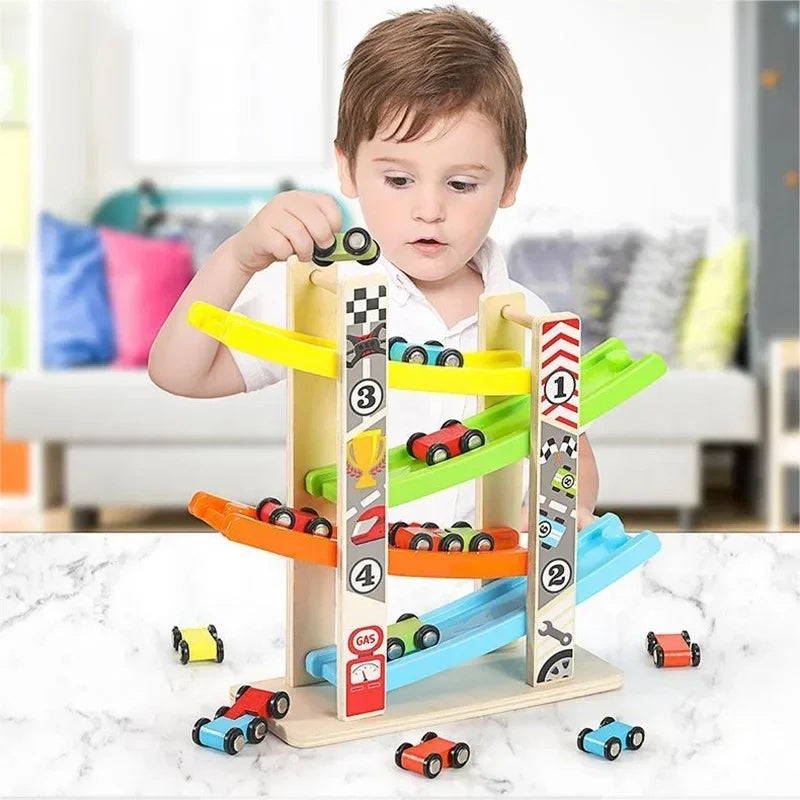 Wooden Ramp Car Toy with Montessori Learning, Sliding Cars, Colorful Track, Safe Design for Ages 3+
