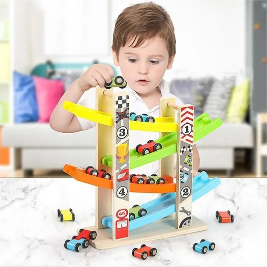Wooden Ramp Car Toy with Montessori Learning, Sliding Cars, Colorful Track, Safe Design for Ages 3+