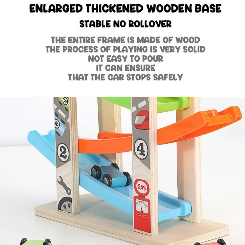 Wooden Ramp Car Toy with Montessori Learning, Sliding Cars, Colorful Track, Safe Design for Ages 3+