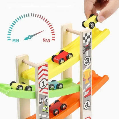 Wooden Ramp Car Toy with Montessori Learning, Sliding Cars, Colorful Track, Safe Design for Ages 3+