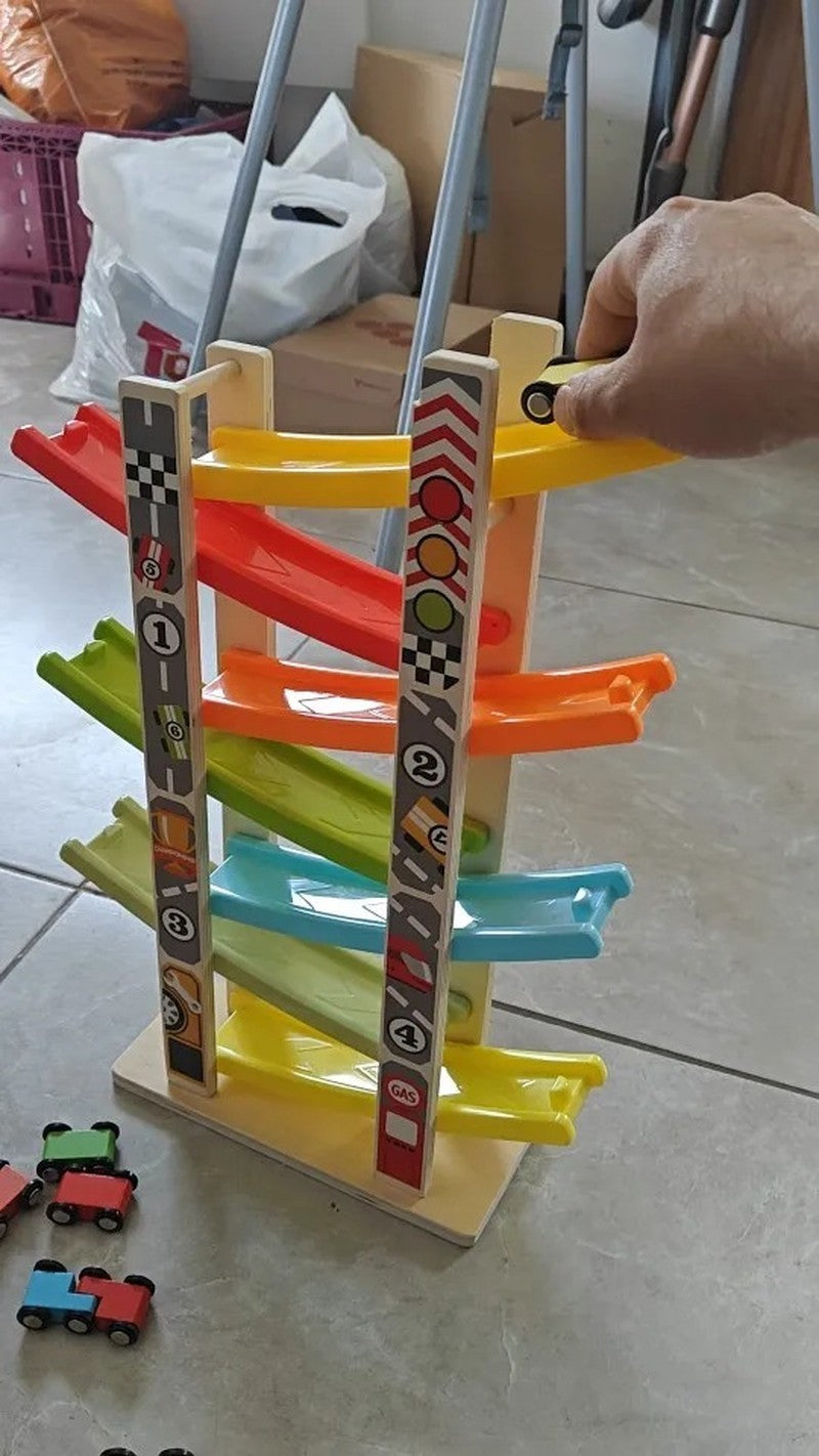Wooden Ramp Car Toy with Montessori Learning, Sliding Cars, Colorful Track, Safe Design for Ages 3+