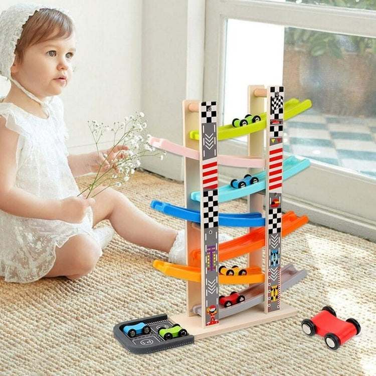 Wooden Ramp Car Toy with Montessori Learning, Sliding Cars, Colorful Track, Safe Design for Ages 3+