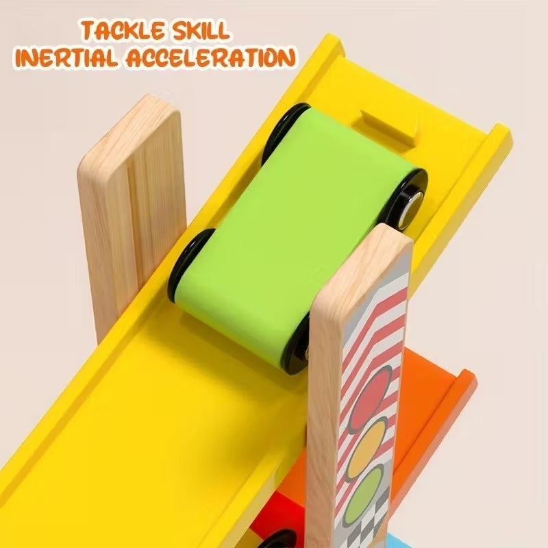 Wooden Ramp Car Toy with Montessori Learning, Sliding Cars, Colorful Track, Safe Design for Ages 3+