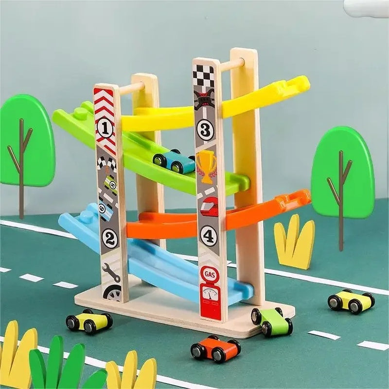Wooden Ramp Car Toy with Montessori Learning, Sliding Cars, Colorful Track, Safe Design for Ages 3+