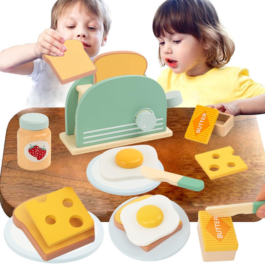 Wooden Toaster Toy with Various Accessories, Simulating Realistic Baking, Safe for Ages 3+.