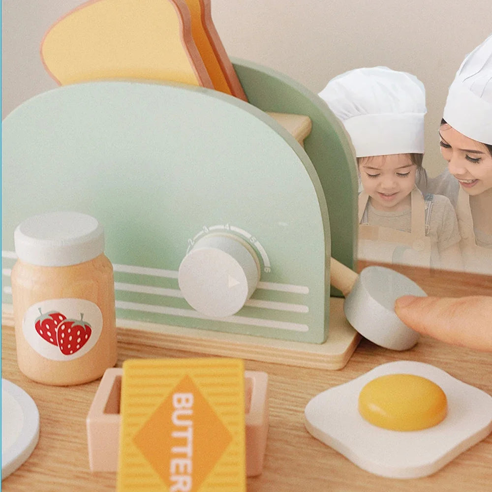 Wooden Toaster Toy with Various Accessories, Simulating Realistic Baking, Safe for Ages 3+.