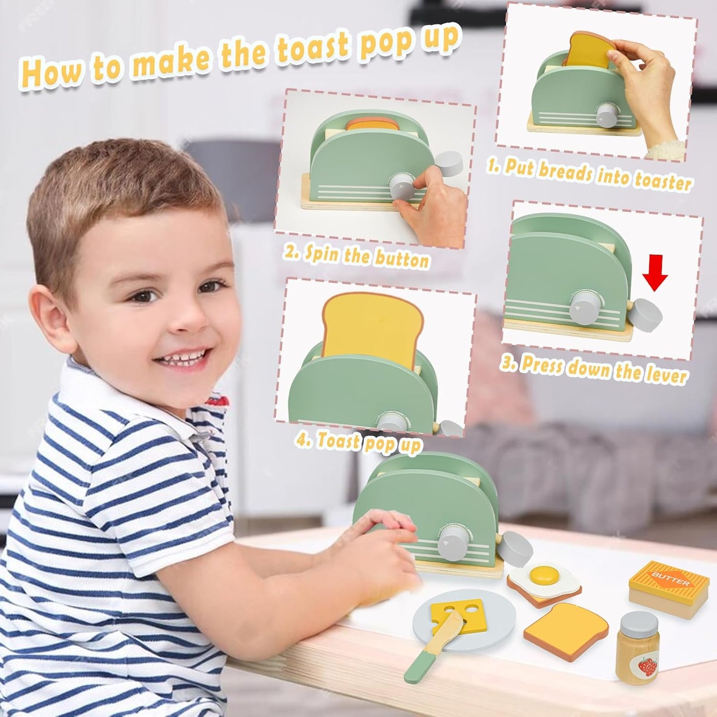 Wooden Toaster Toy with Various Accessories, Simulating Realistic Baking, Safe for Ages 3+.
