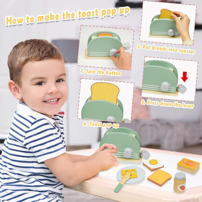 Wooden Toaster Toy with Various Accessories, Simulating Realistic Baking, Safe for Ages 3+.