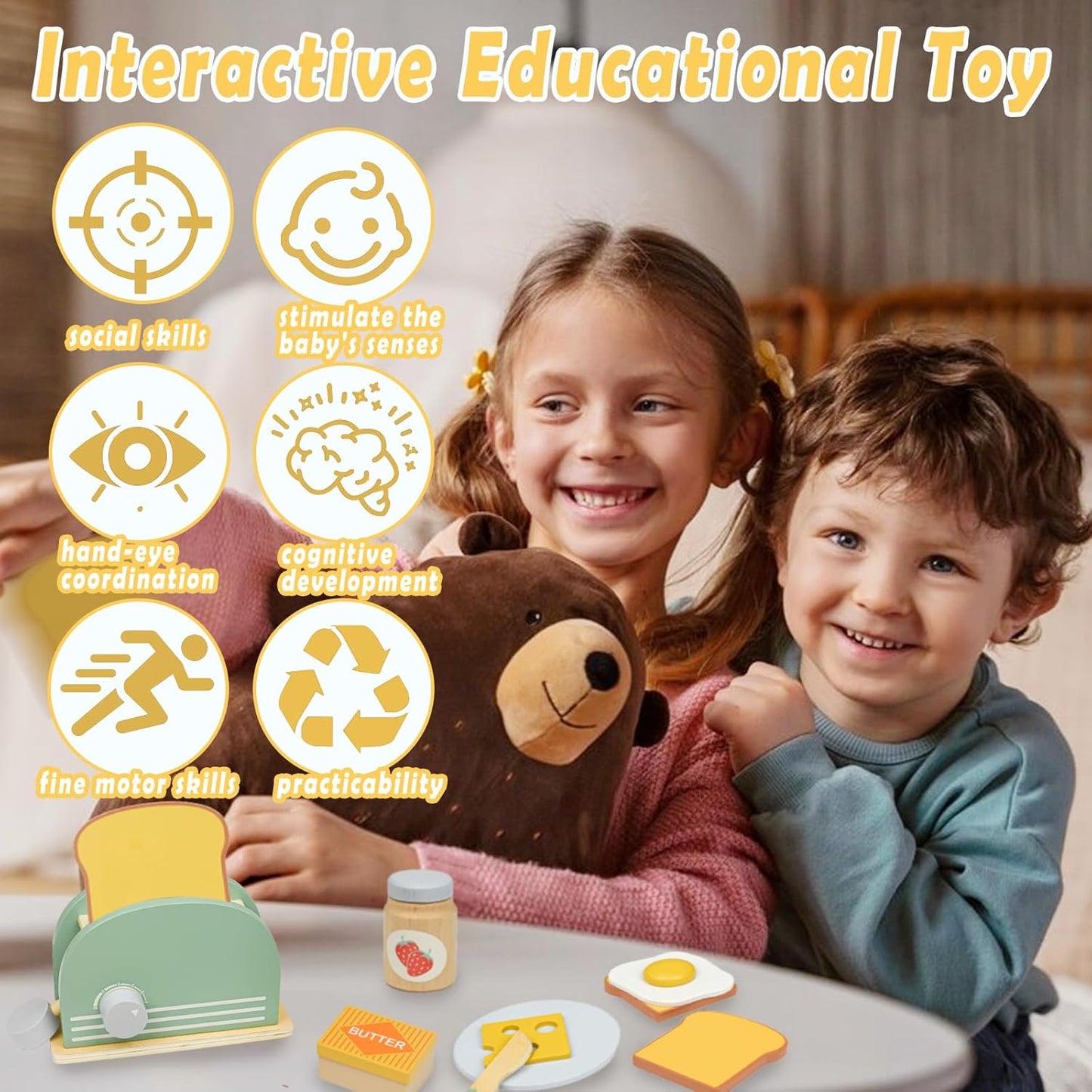 Wooden Toaster Toy with Various Accessories, Simulating Realistic Baking, Safe for Ages 3+.