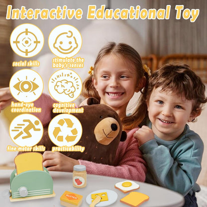 Wooden Toaster Toy with Various Accessories, Simulating Realistic Baking, Safe for Ages 3+.
