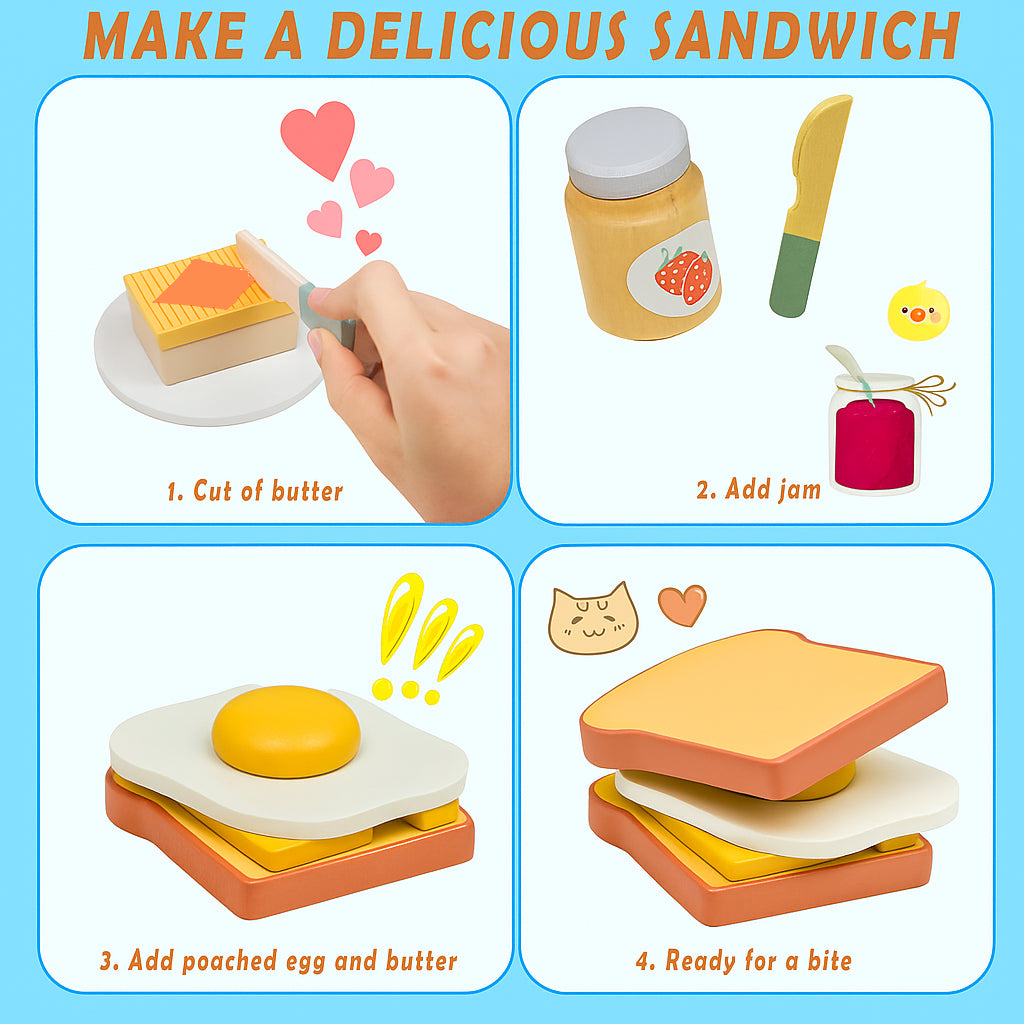 Wooden Toaster Toy with Various Accessories, Simulating Realistic Baking, Safe for Ages 3+.