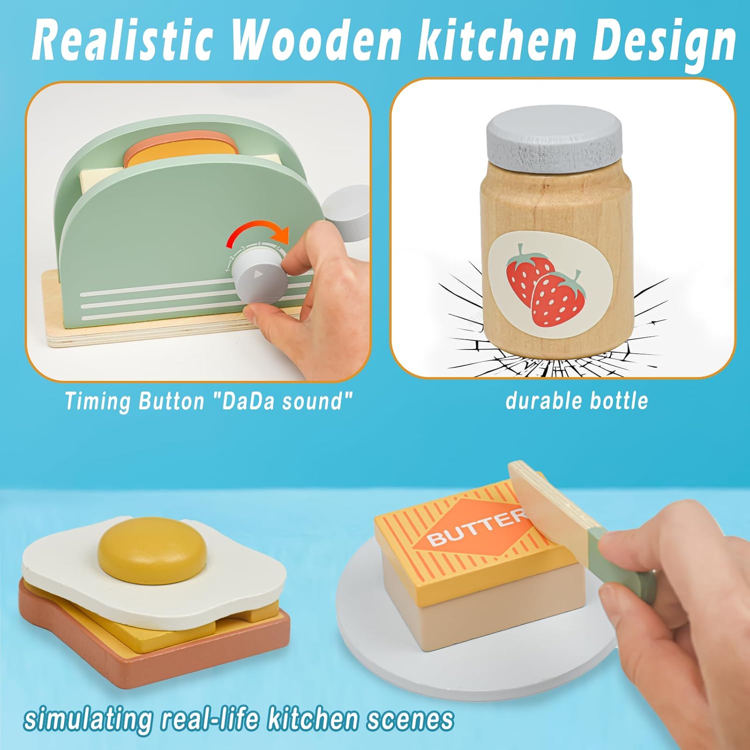 Wooden Toaster Toy with Various Accessories, Simulating Realistic Baking, Safe for Ages 3+.
