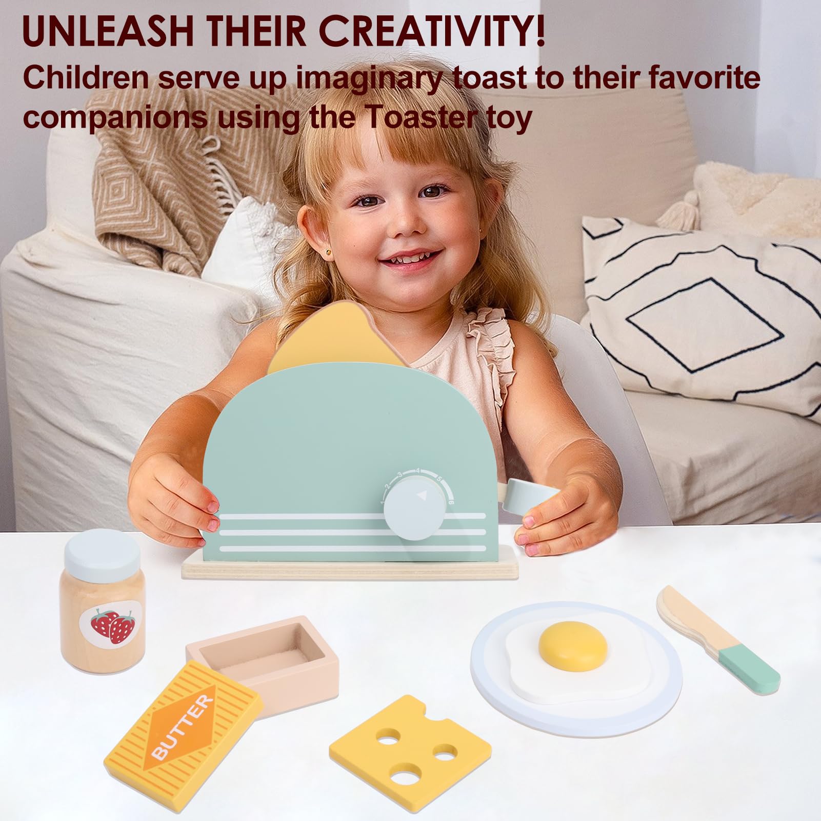 Wooden Toaster Toy with Various Accessories, Simulating Realistic Baking, Safe for Ages 3+.