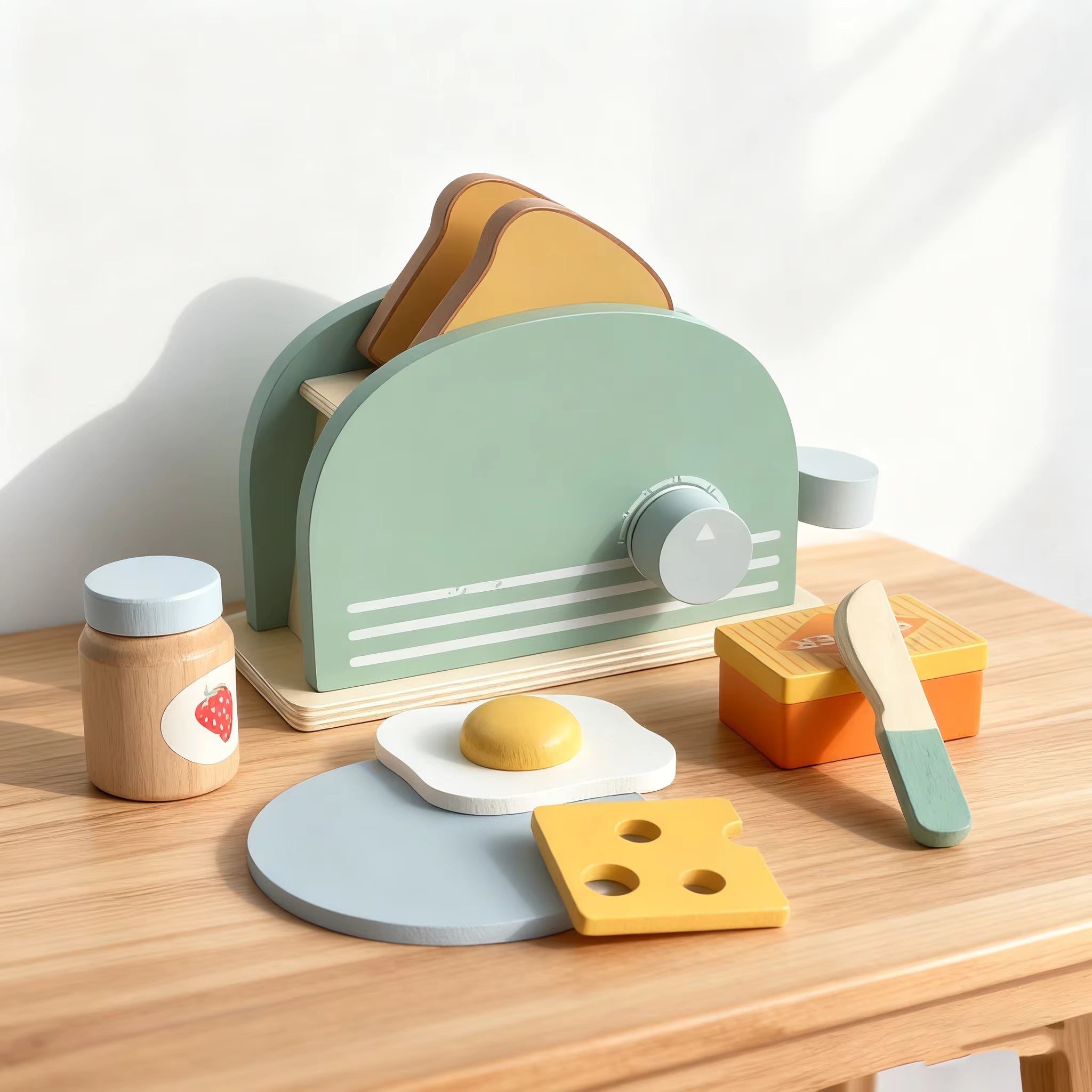Wooden Toaster Toy with Various Accessories, Simulating Realistic Baking, Safe for Ages 3+.
