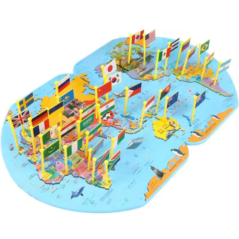 Wooden World Map with 36 Flags – Educational Geography Puzzle for Kids