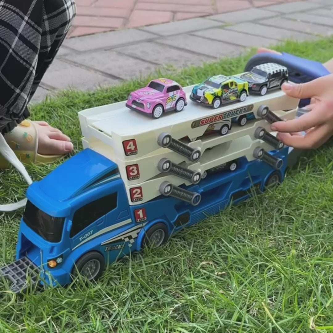 4-Layer Truck Carrier Toy with Foldable Design, Pull-Back Cars, Perfect for Kids Ages 4+