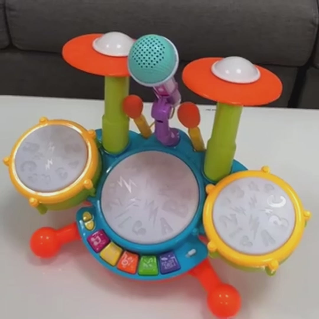 Musical Drum Set Toy with Flashing Lights & Microphone, 5 Fun Music Modes, Safe for Ages 1+
