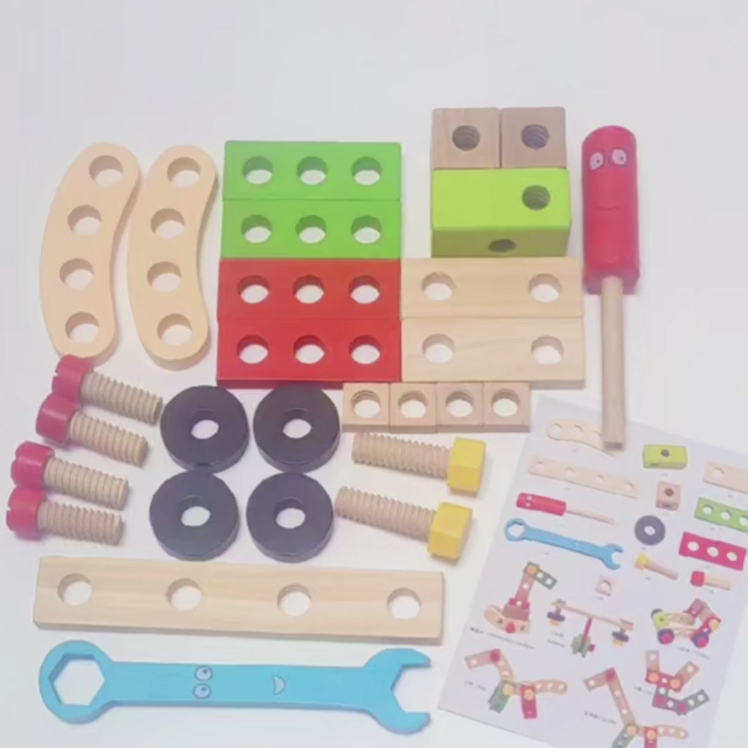 Children's Wooden Toolbox Set Toy with Creative Building, Motor Skills Development, Shape & Color Recognition, Safe for Ages 3+