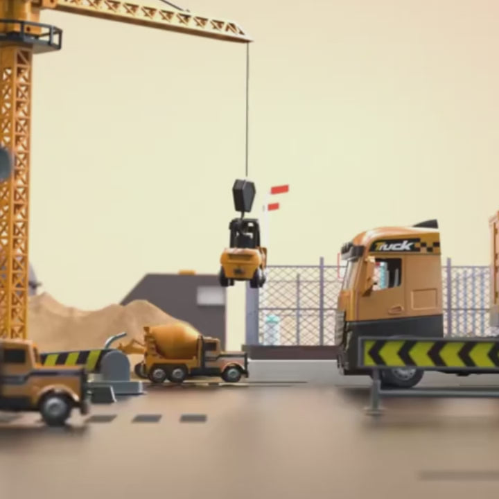 Construction Truck Set with Cargo Truck with Bulldozer, Tractor, Forklift, Mixer, Excavator, Crane and Dumper
