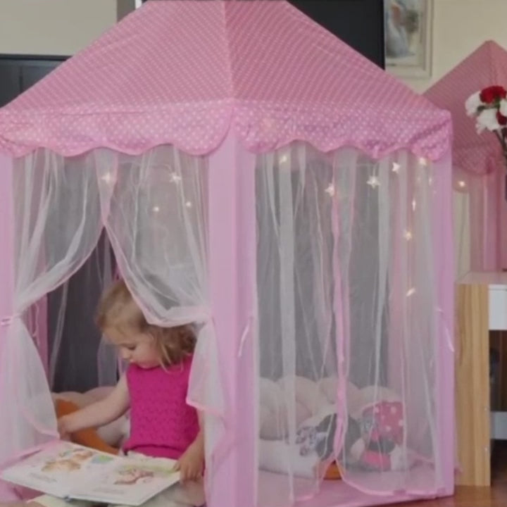 Kids Indoor & Outdoor Playhouse Tent with Foldable, Portable Design, LED Star String Lights and Breathable Mesh Curtains, Safe for Ages 3+