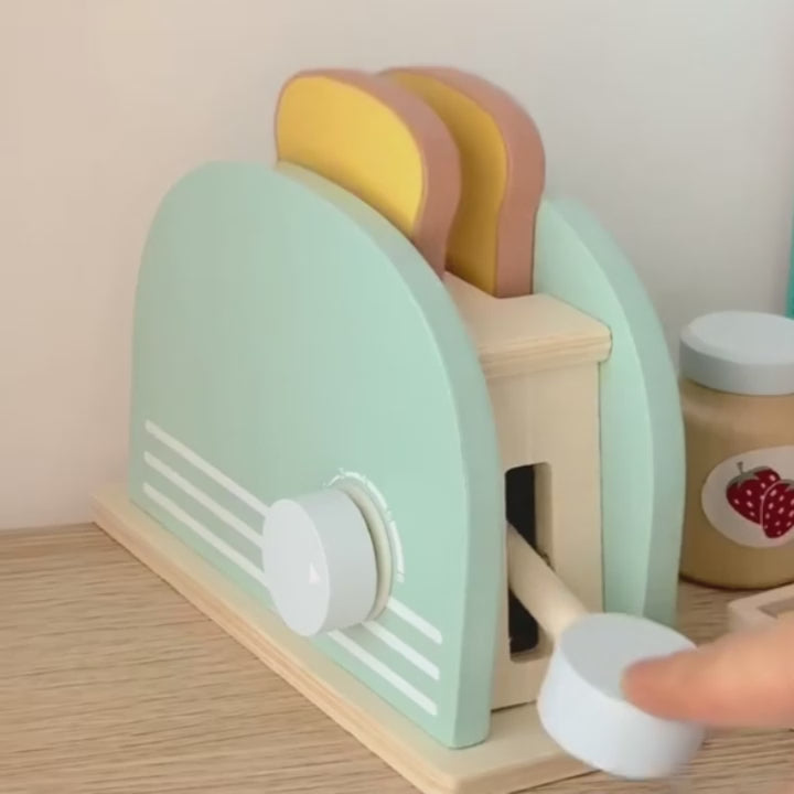 Wooden Toaster Toy with Various Accessories, Simulating Realistic Baking, Safe for Ages 3+.