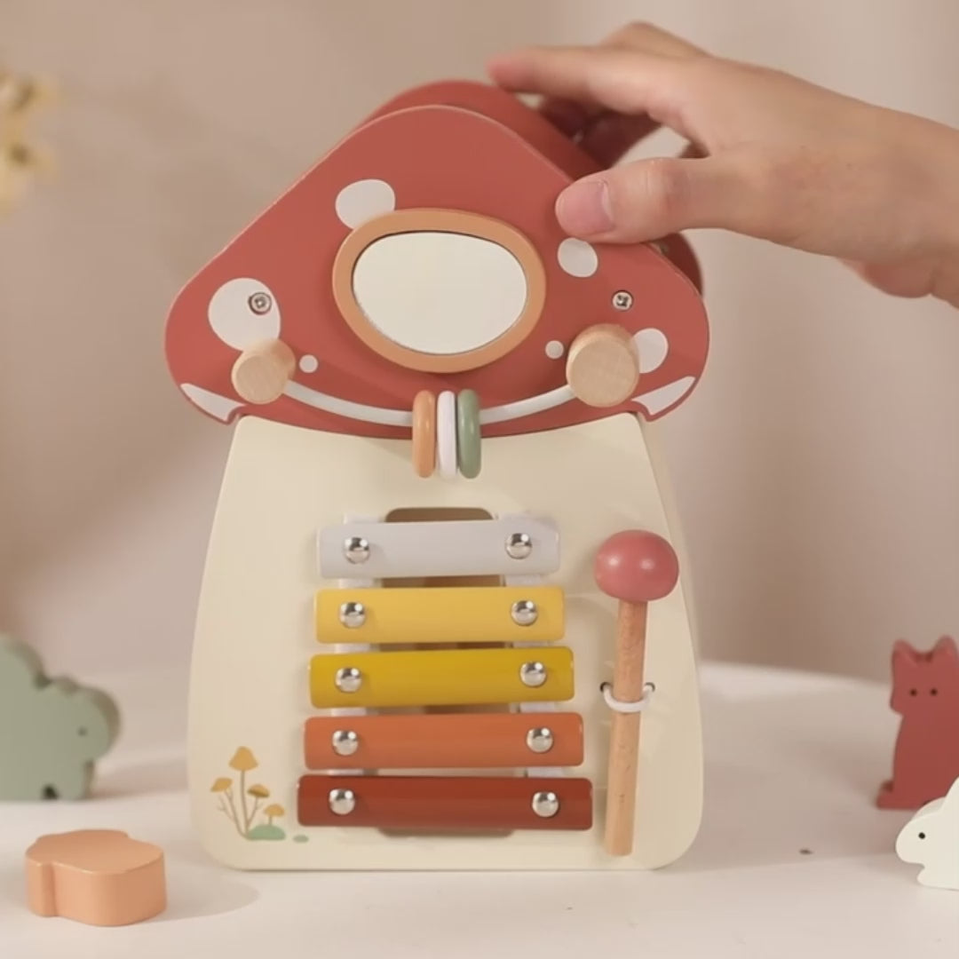 5-in-1 Montessori Mushroom Wooden Musical Toy with Xylophone, Fine Motor Activities, Pull Strap & Whimsical Design, Safe for Ages 1+