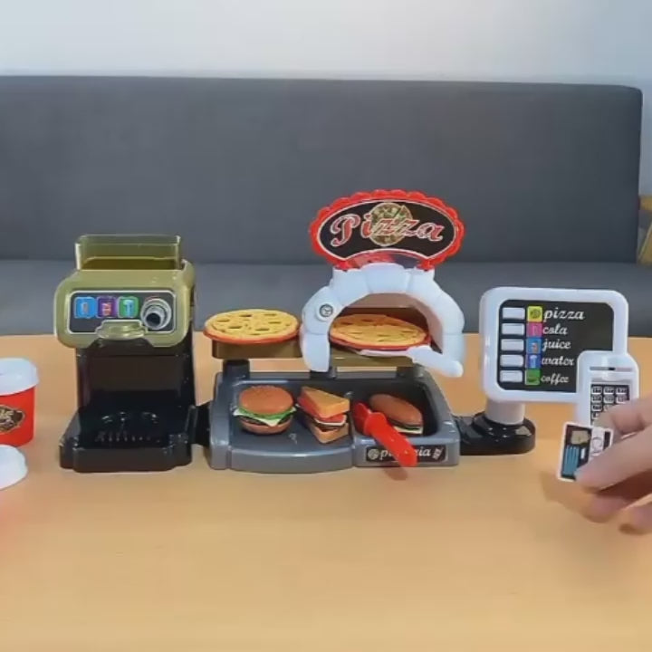 30-Piece Pretend Coffee Shop Playset with Pizza, Cash Register, STEM Toy for Toddlers 3+