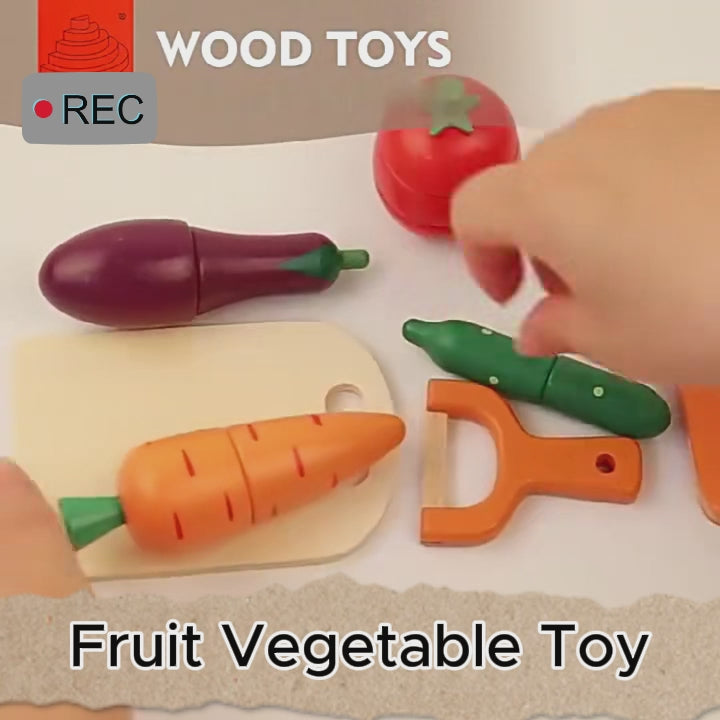 Wooden Fruit Vegetable Toys with Multiple, Cuttable Pieces, Simulating Kitchen - Safe for Ages 3+