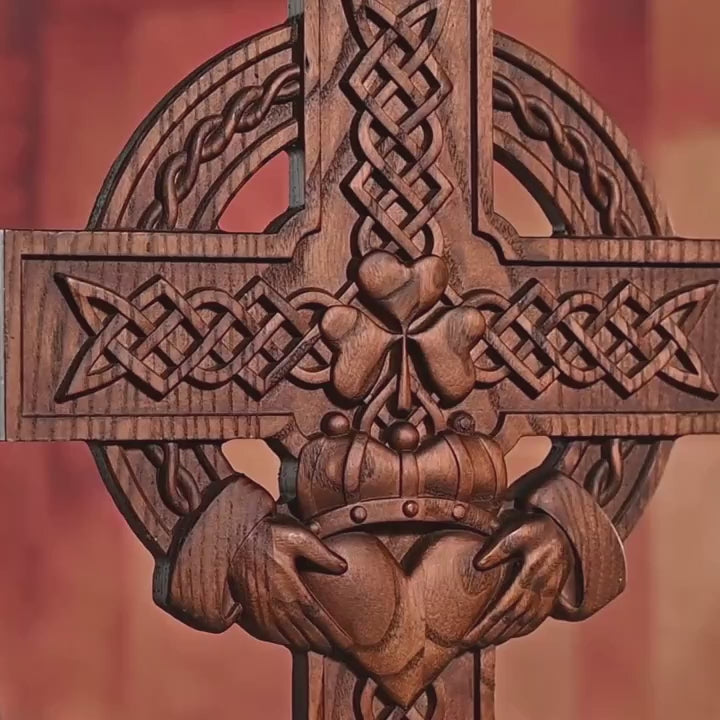 Rustic Claddagh Love Cross Wall Art – Intricate Wooden Celtic Knot Carving for Meaningful Room & Holiday Gift Decor