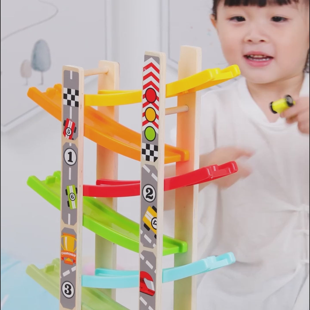 Wooden Ramp Car Toy with Montessori Learning, Sliding Cars, Colorful Track, Safe Design for Ages 3+