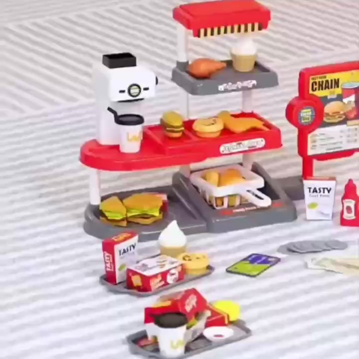71 Pcs Kids Fast Food Playset Caterer Kitchen Toy Set with Cash Register & Drink Dispenser