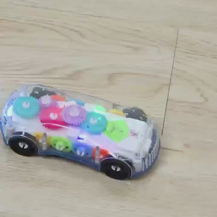 Light-Up Transparent Car with Moving Gears, Music & Durable Plastic, Suitable for Kids 6 Months+