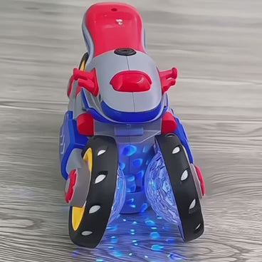 Music Distortion Motorcycle with 4-wheel spinning mode, 360° rotation, and safe for kids ages 3+