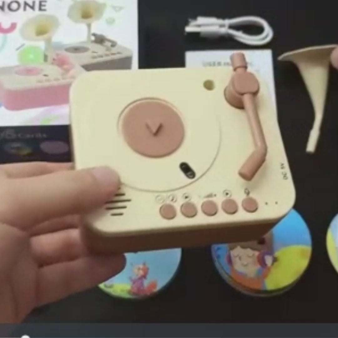 Kids Story Player Gramophone - 96 Themed Discs, Boosts English Skills, Easy Controls, Eye-Catching Design, Safe for Toddlers 3+