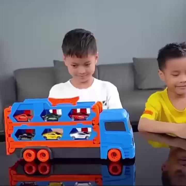 3-in-1 Car Transporter Truck with Racetrack & Toy Cars, Foldable, No Batteries Required, Safe for Ages 3+